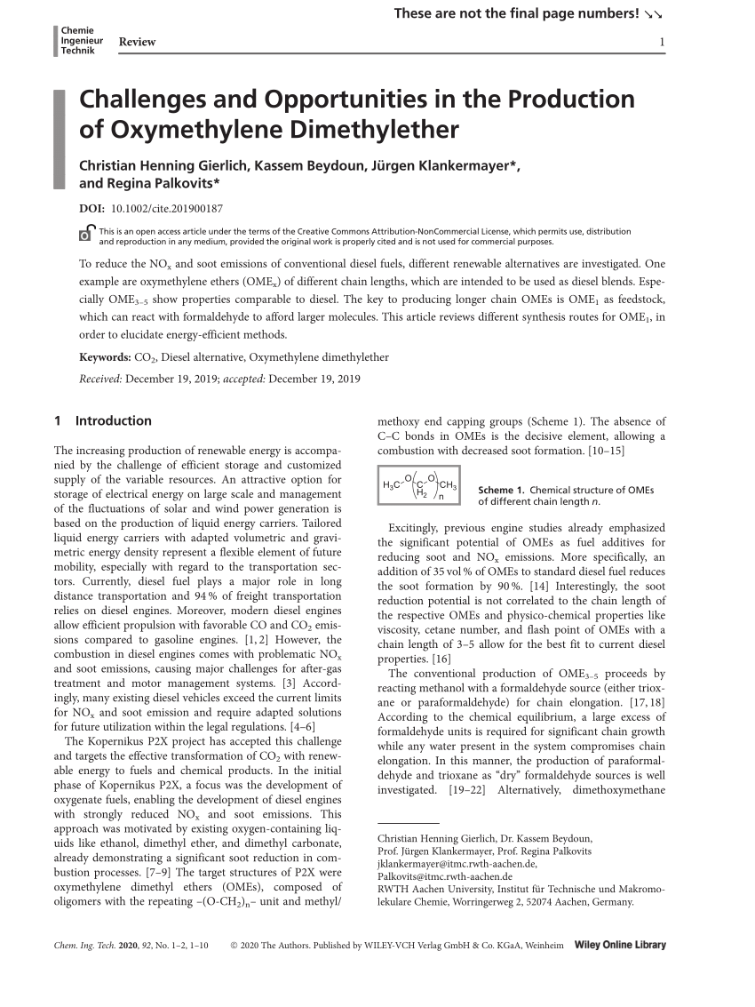 Pdf Challenges And Opportunities In The Production Of Oxymethylene Dimethylether