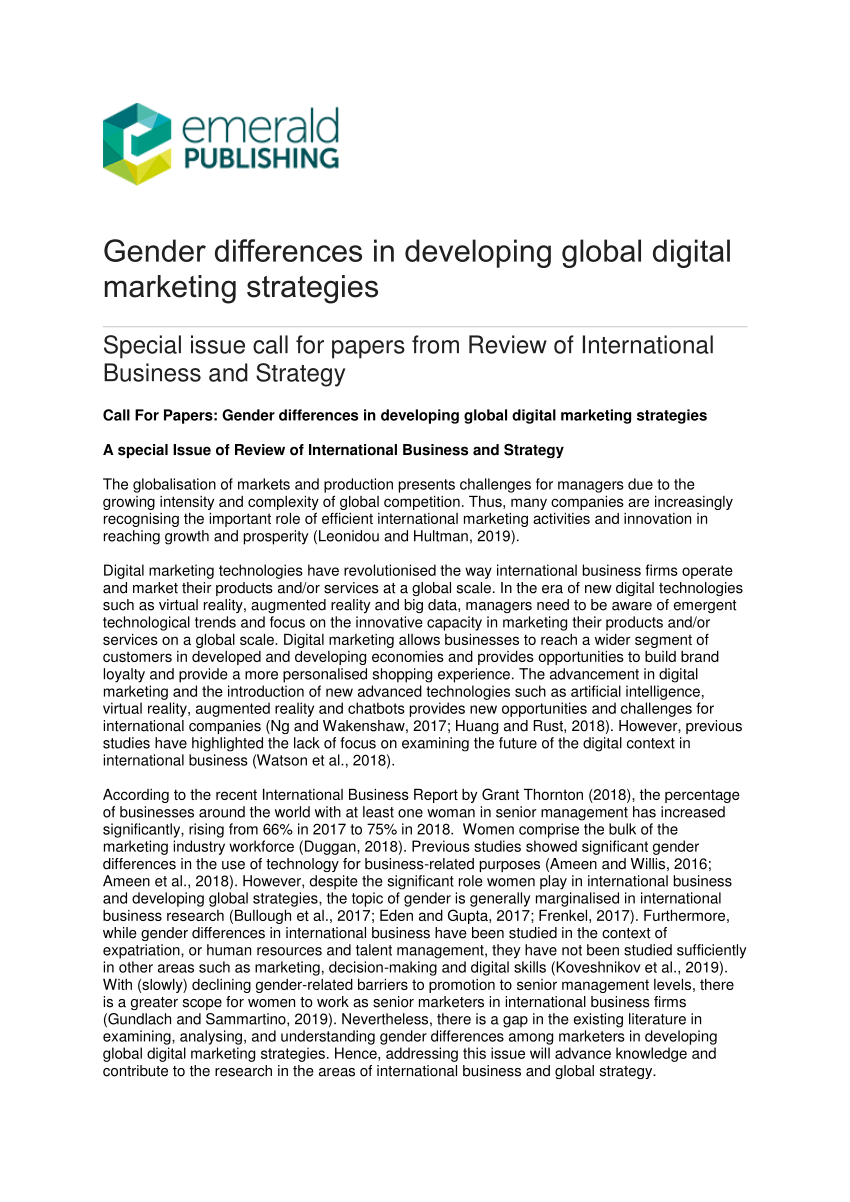 Pdf Call For Papers Gender Differences In Developing Global Digital Marketing Strategies A Special Issue Of Review Of International Business And Strategy Journal