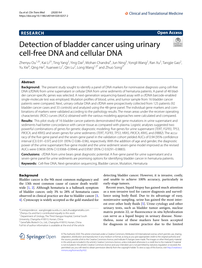 Pdf Detection Of Bladder Cancer Using Urinary Cell Free Dna And Cellular Dna 5152