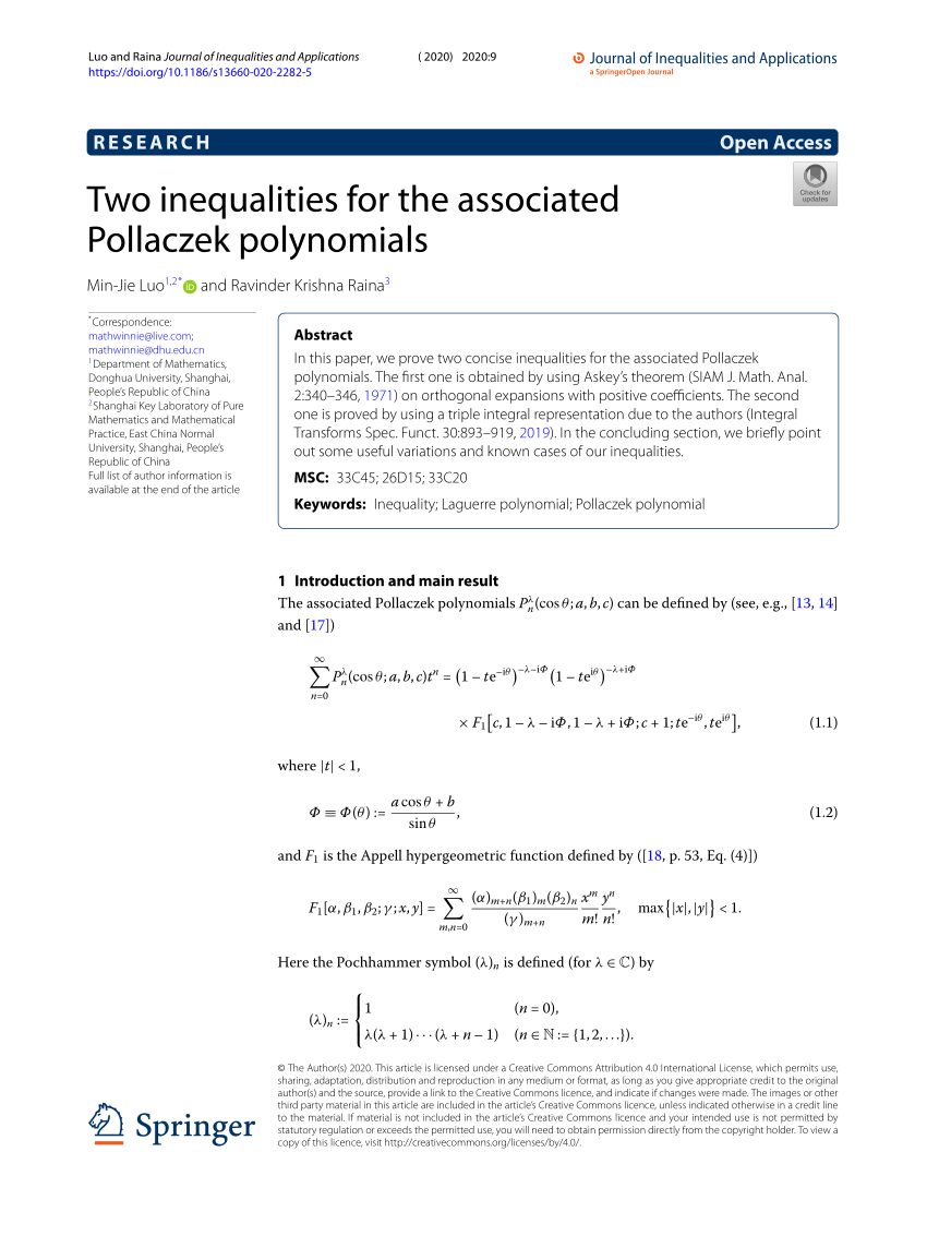 Pdf Two Inequalities For The Associated Pollaczek Polynomials