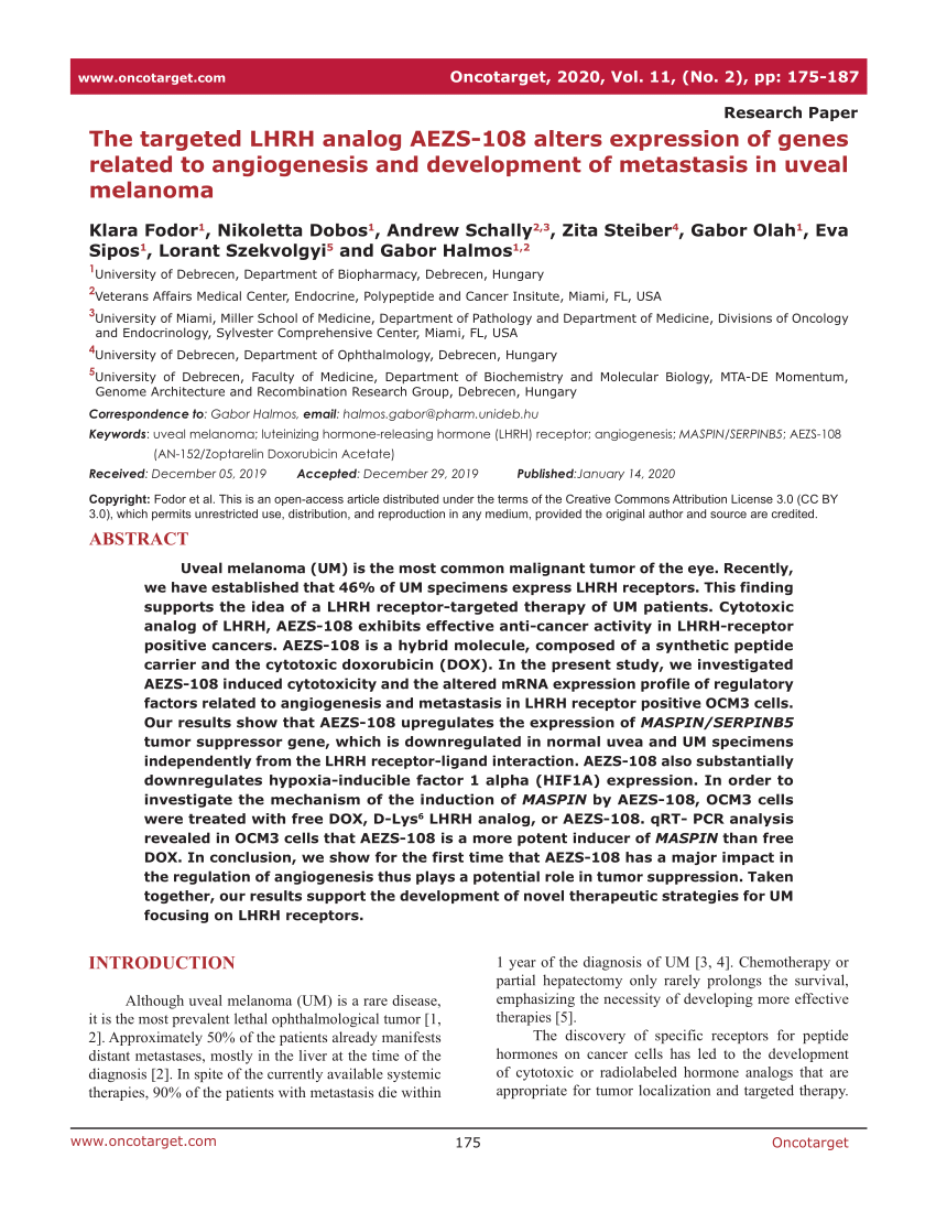 PDF) The targeted LHRH analog AEZS-108 alters expression of genes related  to angiogenesis and development of metastasis in uveal melanoma