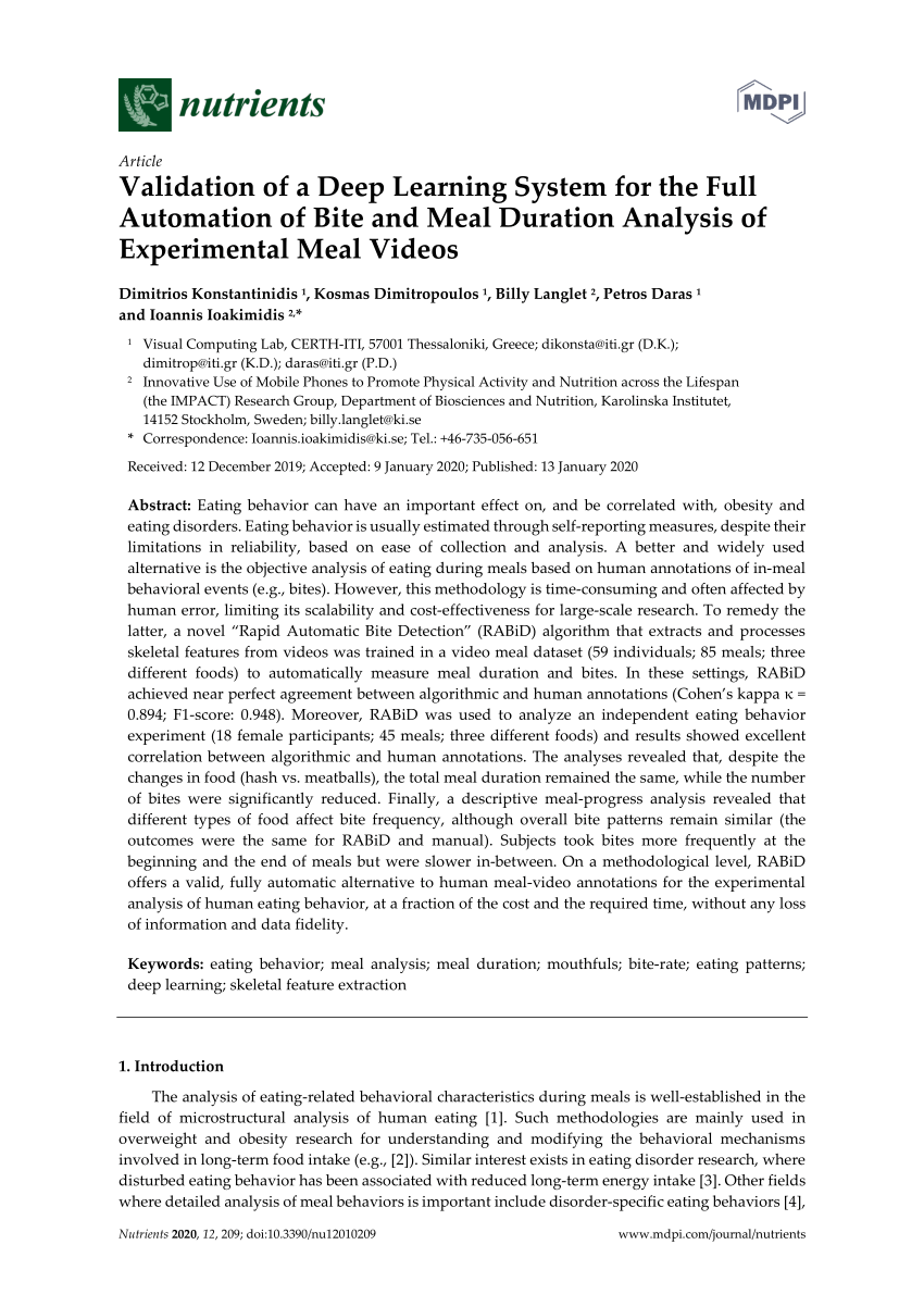 PDF) Validation of a Deep Learning System for the Full Automation of Bite  and Meal Duration Analysis of Experimental Meal Videos