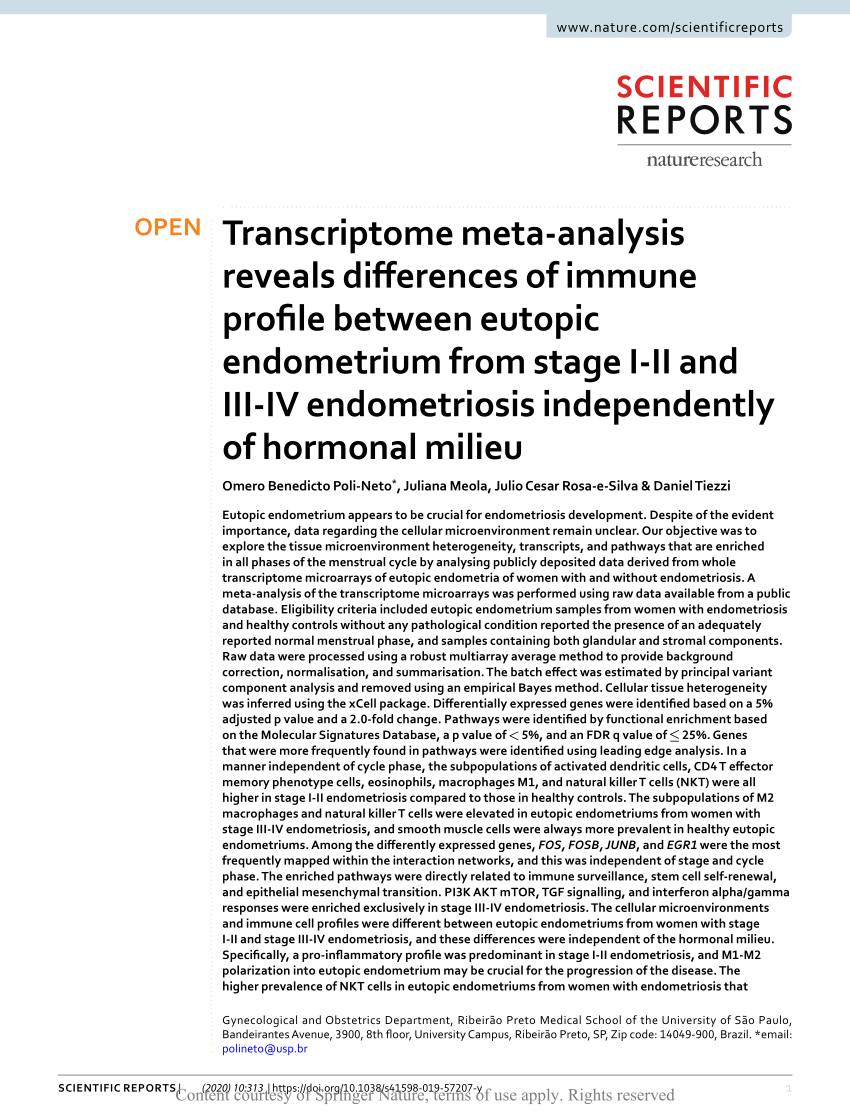 PDF) Transcriptome meta-analysis reveals differences of immune profile  between eutopic endometrium from stage I-II and III-IV endometriosis  independently of hormonal milieu