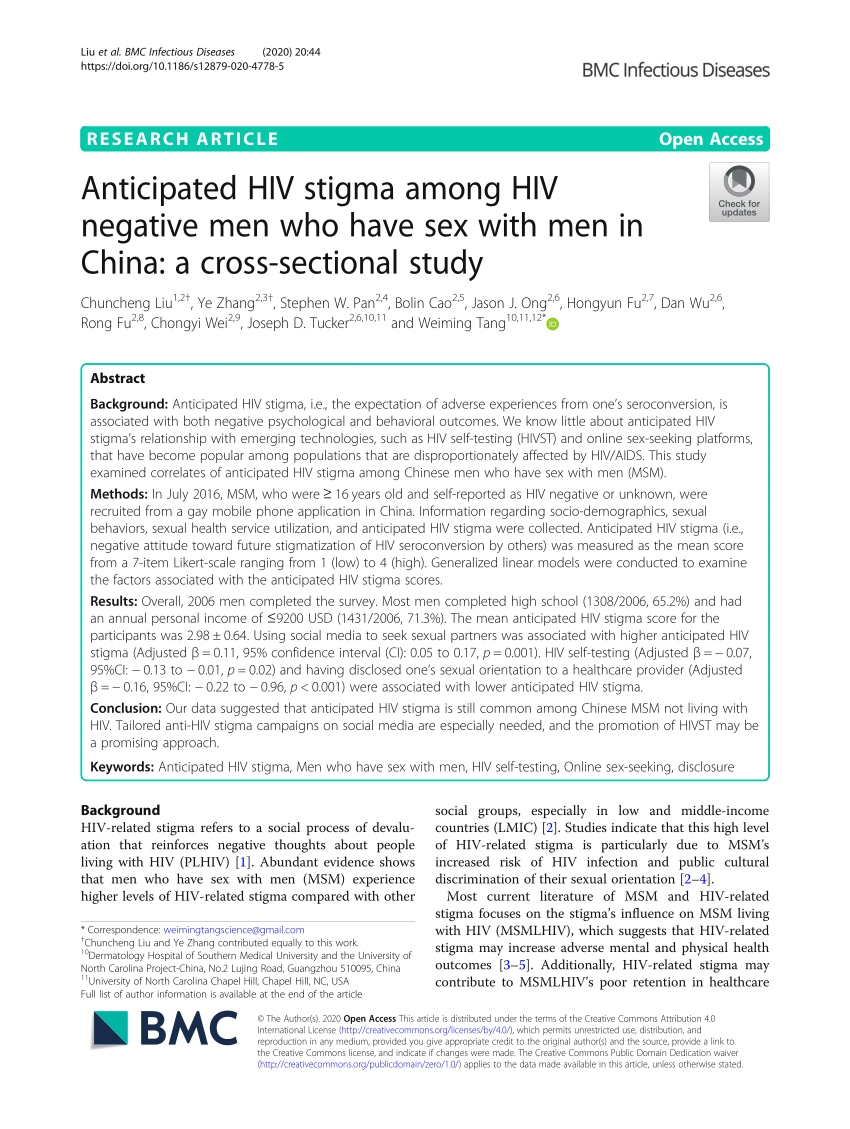 Pdf Anticipated Hiv Stigma Among Hiv Negative Men Who Have Sex With Men In China A Cross