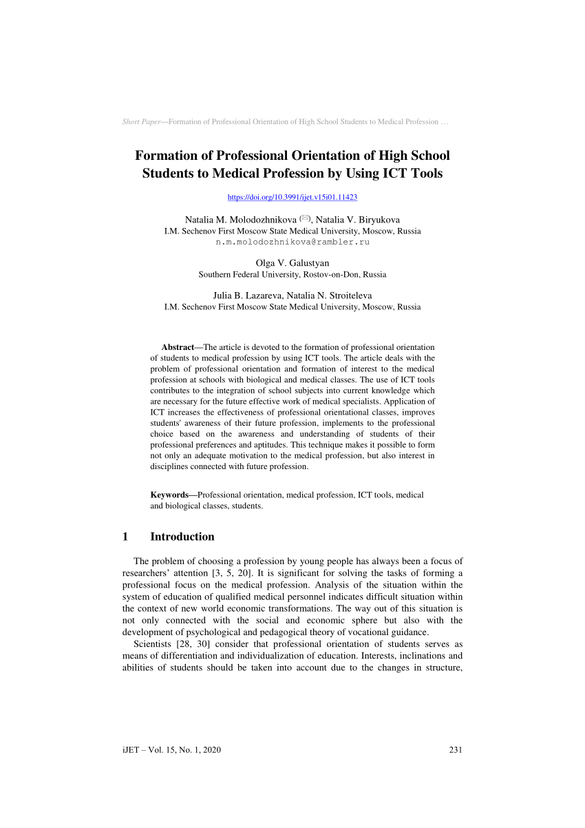 PDF) Formation of Professional Orientation of High School Students to  Medical Profession by Using ICT Tools