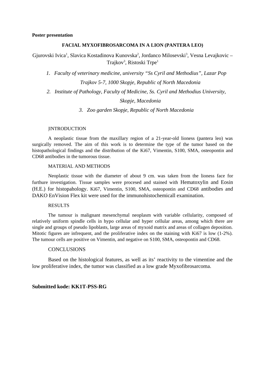 Pdf Facial Myxofibrosarcoma In A Lion Panthera Leo