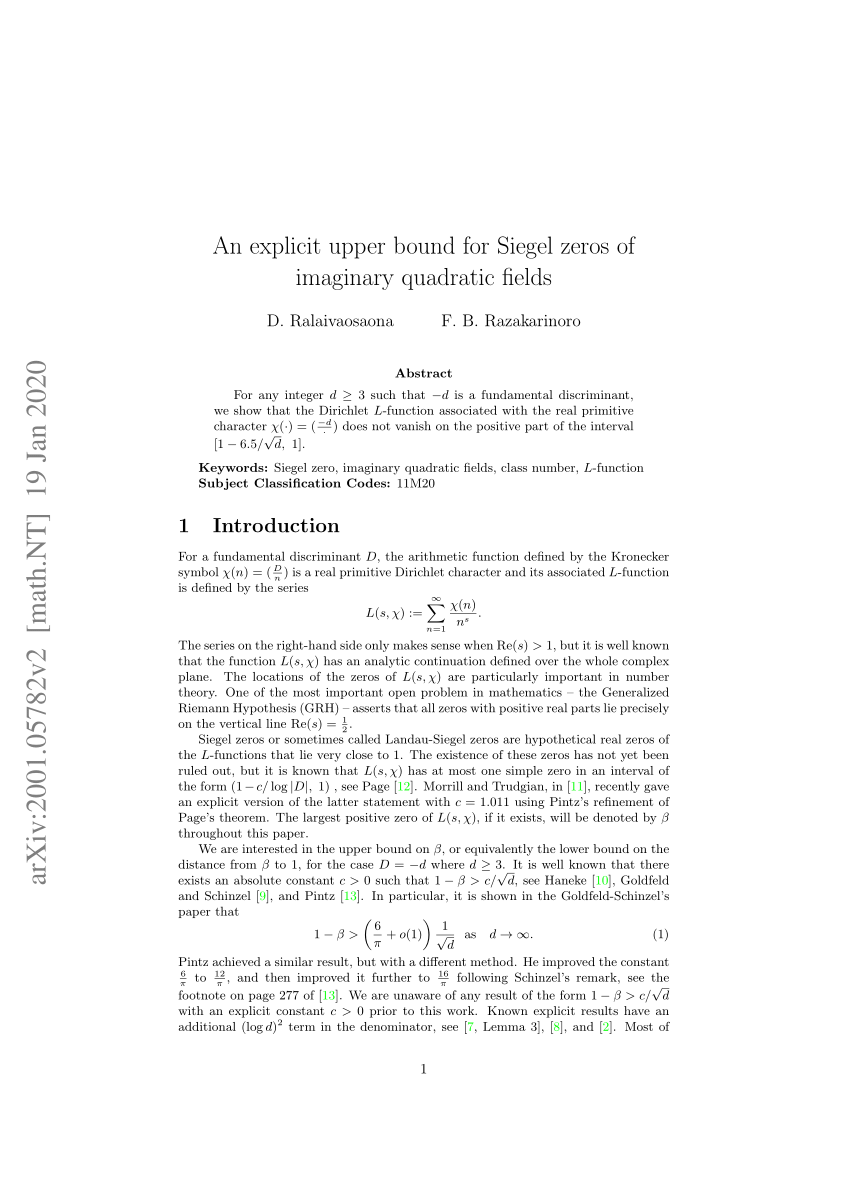Pdf An Explicit Upper Bound For Siegel Zeros Of Imaginary Quadratic Fields