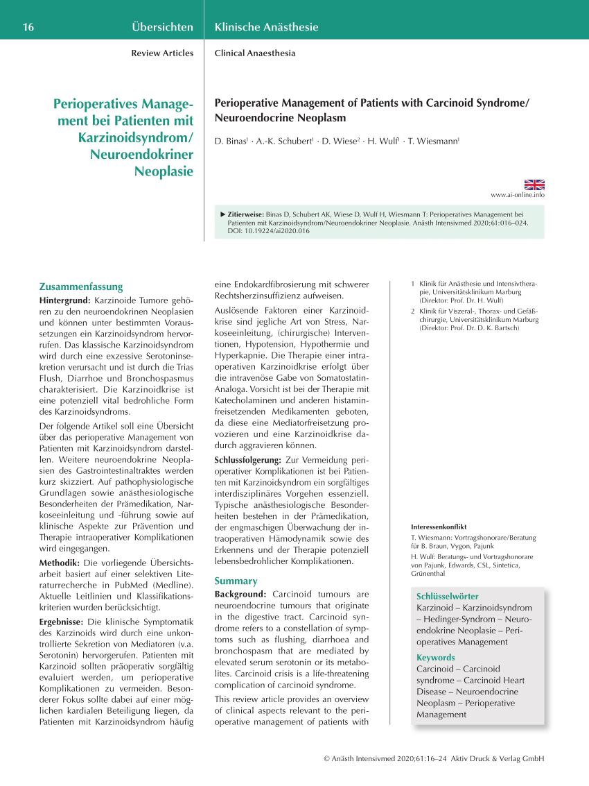 PDF) Perioperatives Management bei Patienten mit Karzinoidsyndrom ...