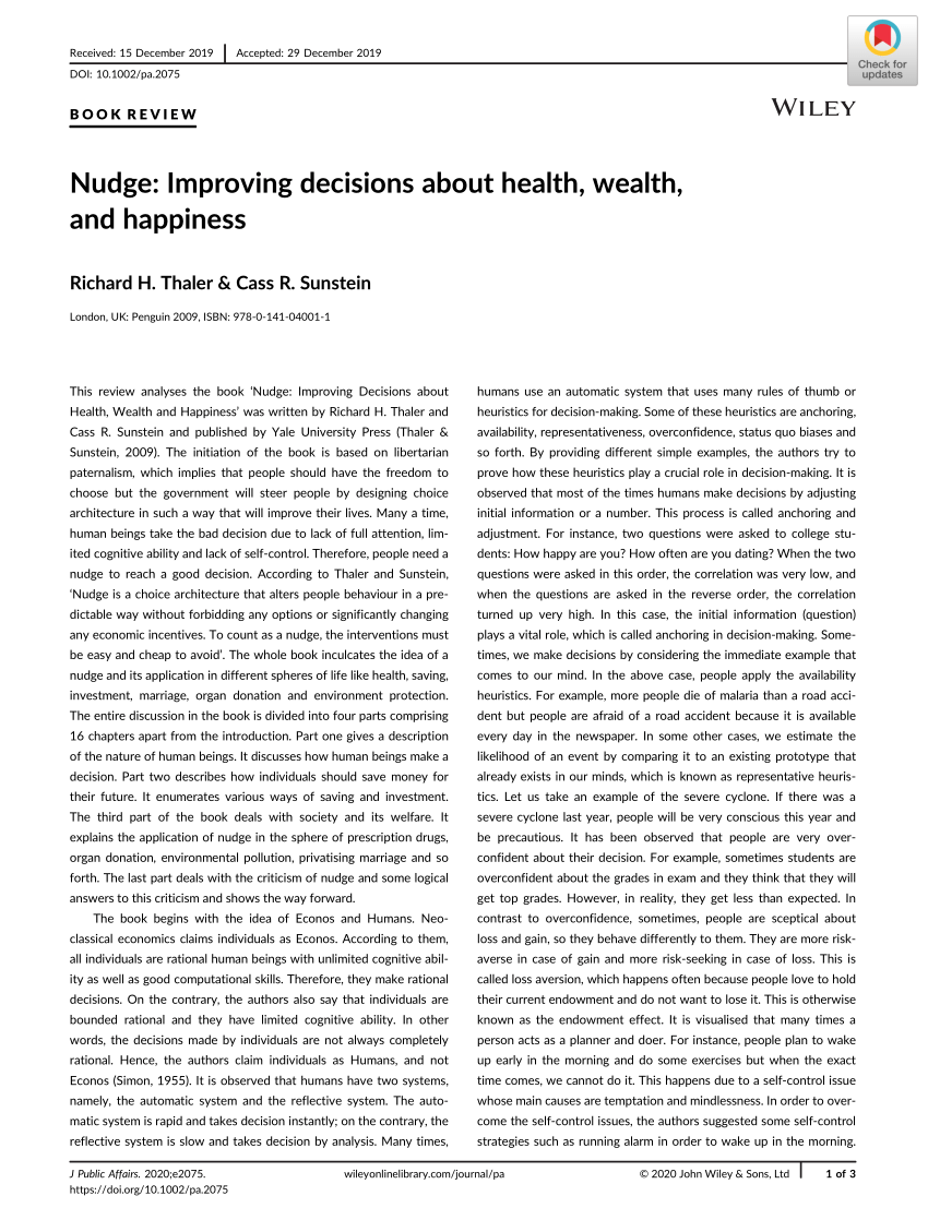 Pdf Nudge Improving Decisions About Health Wealth And Happinessrichard H Thaler And Cass R