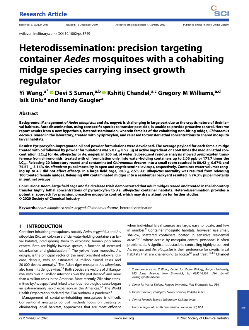Pdf Heterodissemination Precision Targeting Container Aedes Mosquitoes With A Cohabiting Midge Species Carrying Insect Growth Regulator