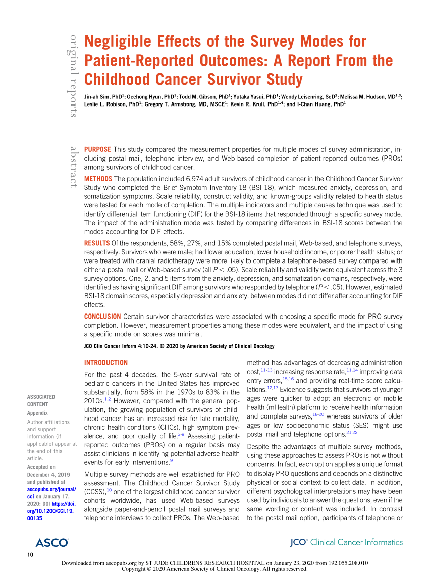 Pdf Negligible Effects Of The Survey Modes For Patient Reported Outcomes A Report From The Childhood Cancer Survivor Study