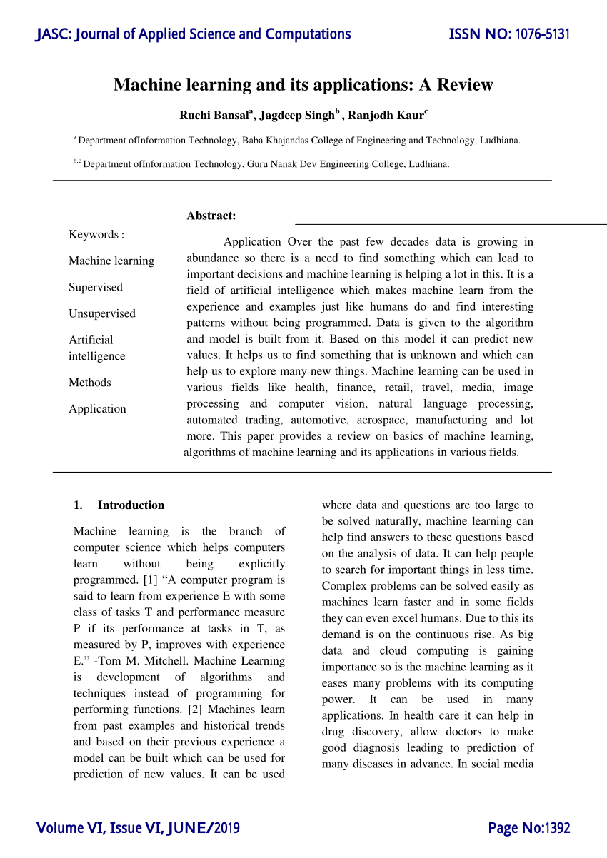 machine learning applications research paper