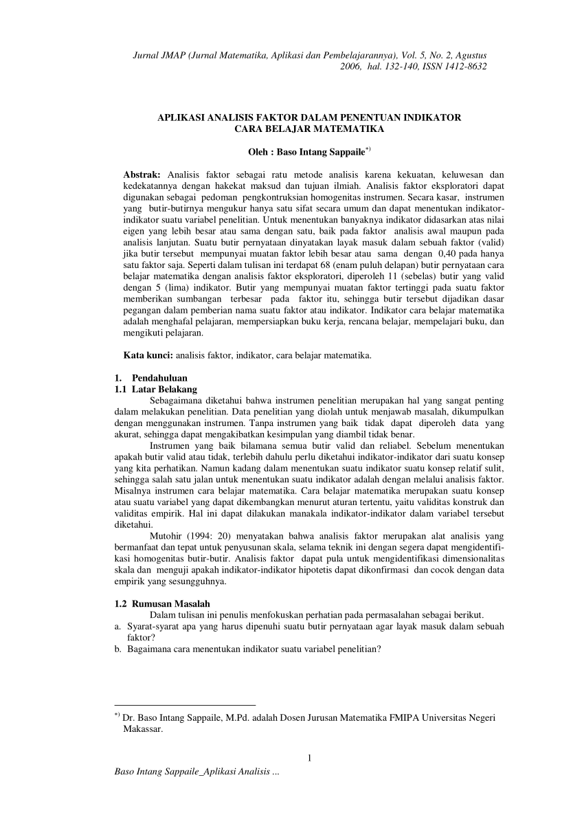 Pdf Aplikasi Analisis Faktor Dalam Penentuan Indikator Cara Belajar Matematika