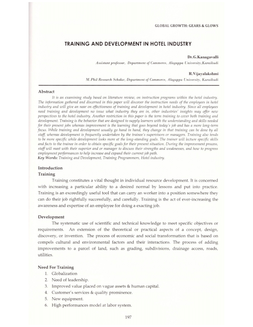 research paper on training and development in hotel industry