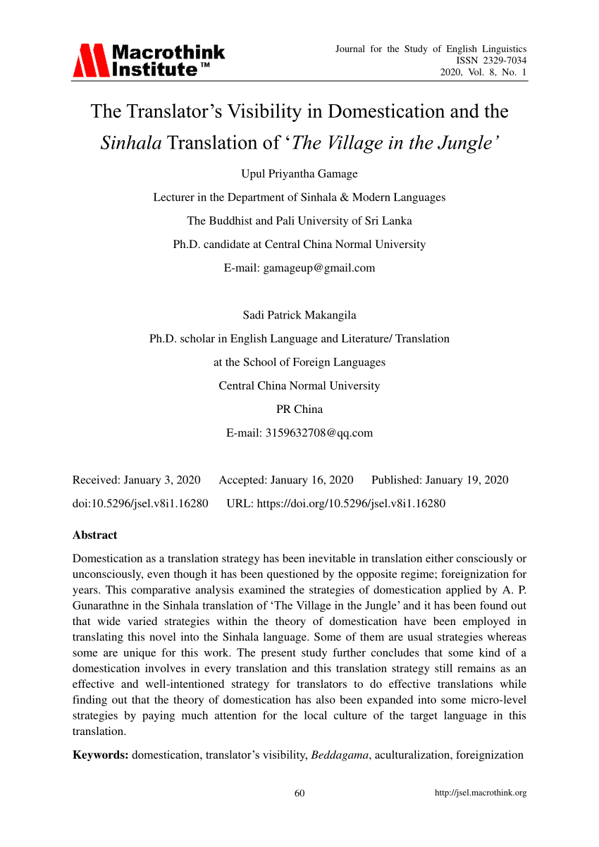 Pdf The Translator S Visibility In Domestication And The Sinhala