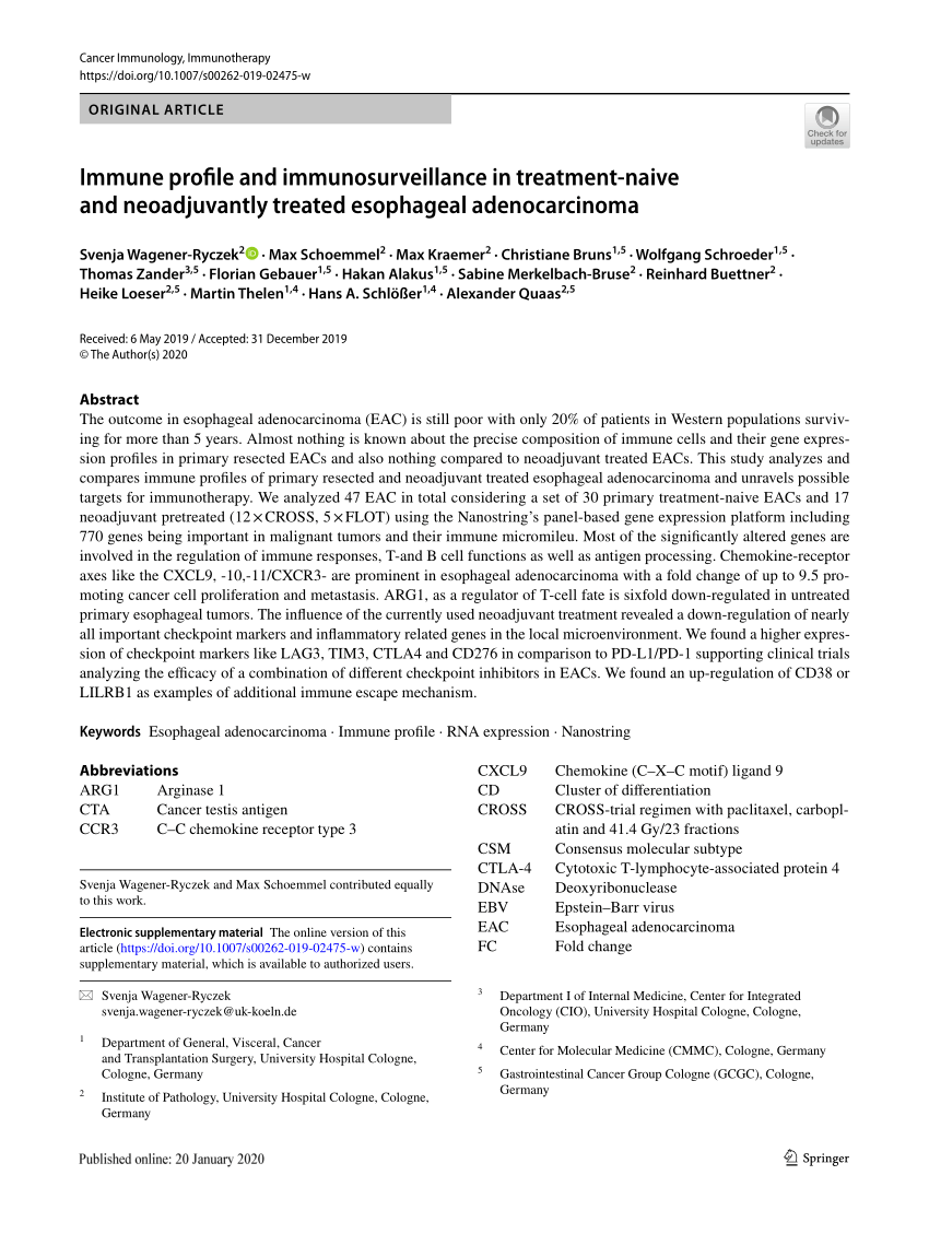 Pdf Immune Profile And Immunosurveillance In Treatment Naive And Neoadjuvantly Treated Esophageal Adenocarcinoma