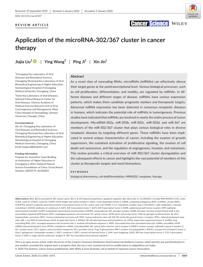 Pdf The Application Of The Mir 302 367 Cluster In Cancer Therapy