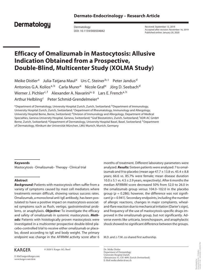 Pdf Efficacy Of Omalizumab In Mastocytosis Allusive Indication Obtained From A Prospective Double Blind Multicenter Study Xolma Study