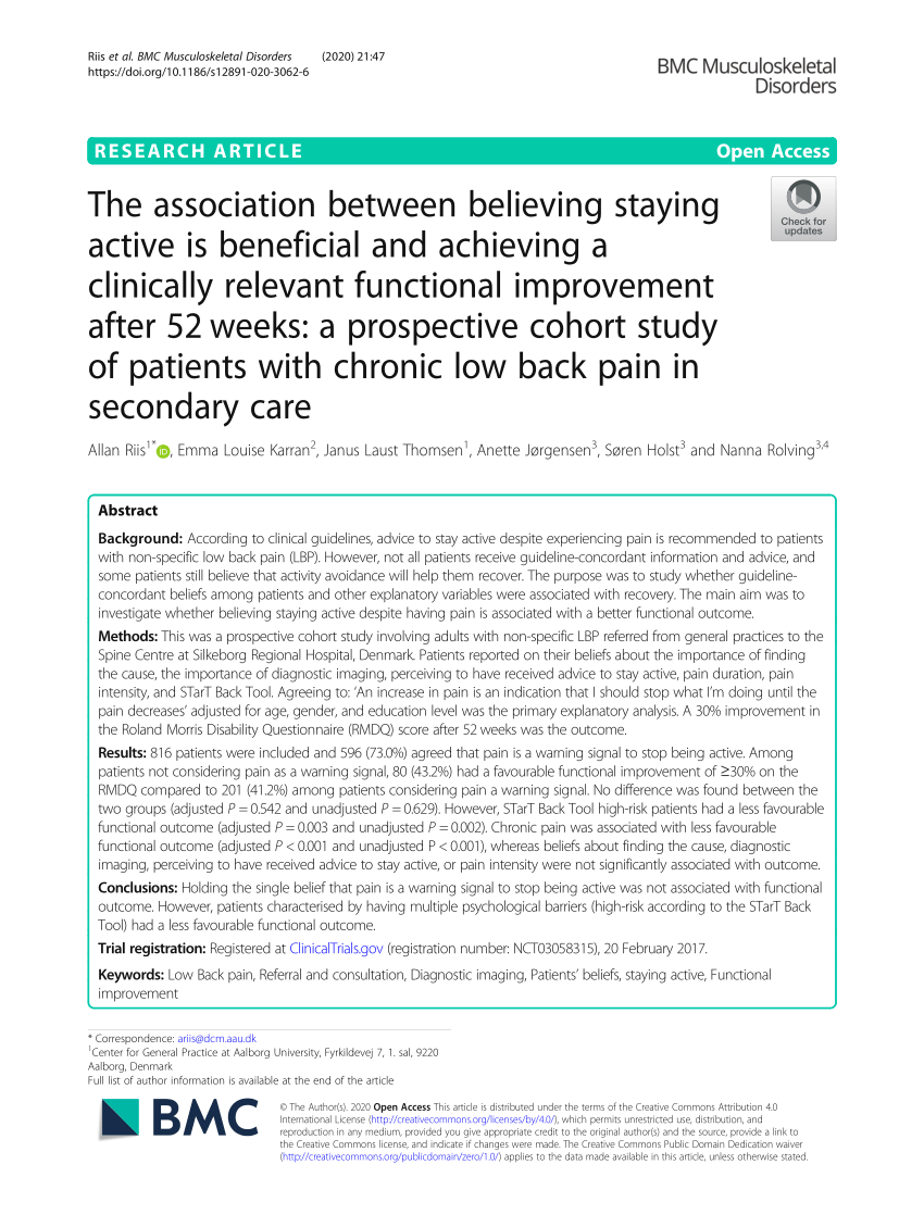 Turist ulækkert nylon PDF) The association between believing staying active is beneficial and  achieving a clinically relevant functional improvement after 52 weeks: a  prospective cohort study of patients with chronic low back pain in secondary