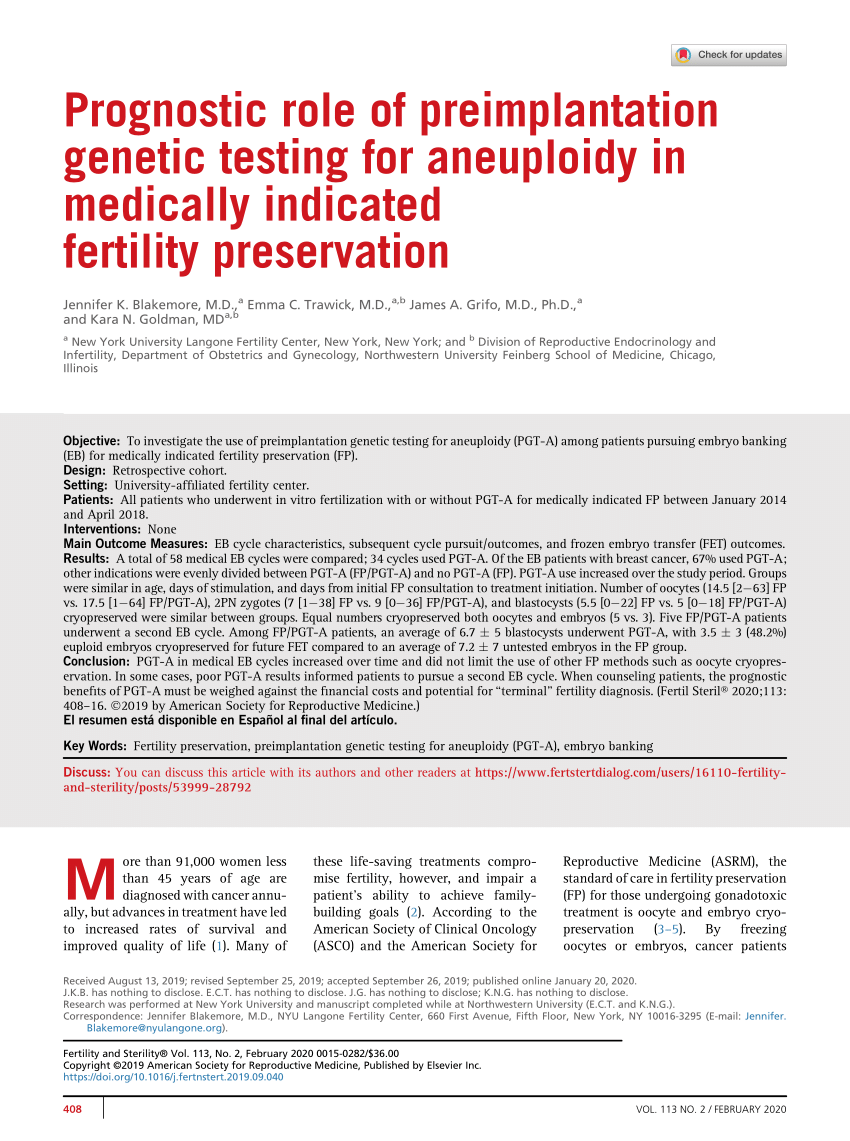 Pdf Prognostic Role Of Preimplantation Genetic Testing For Aneuploidy In Medically Indicated 5386