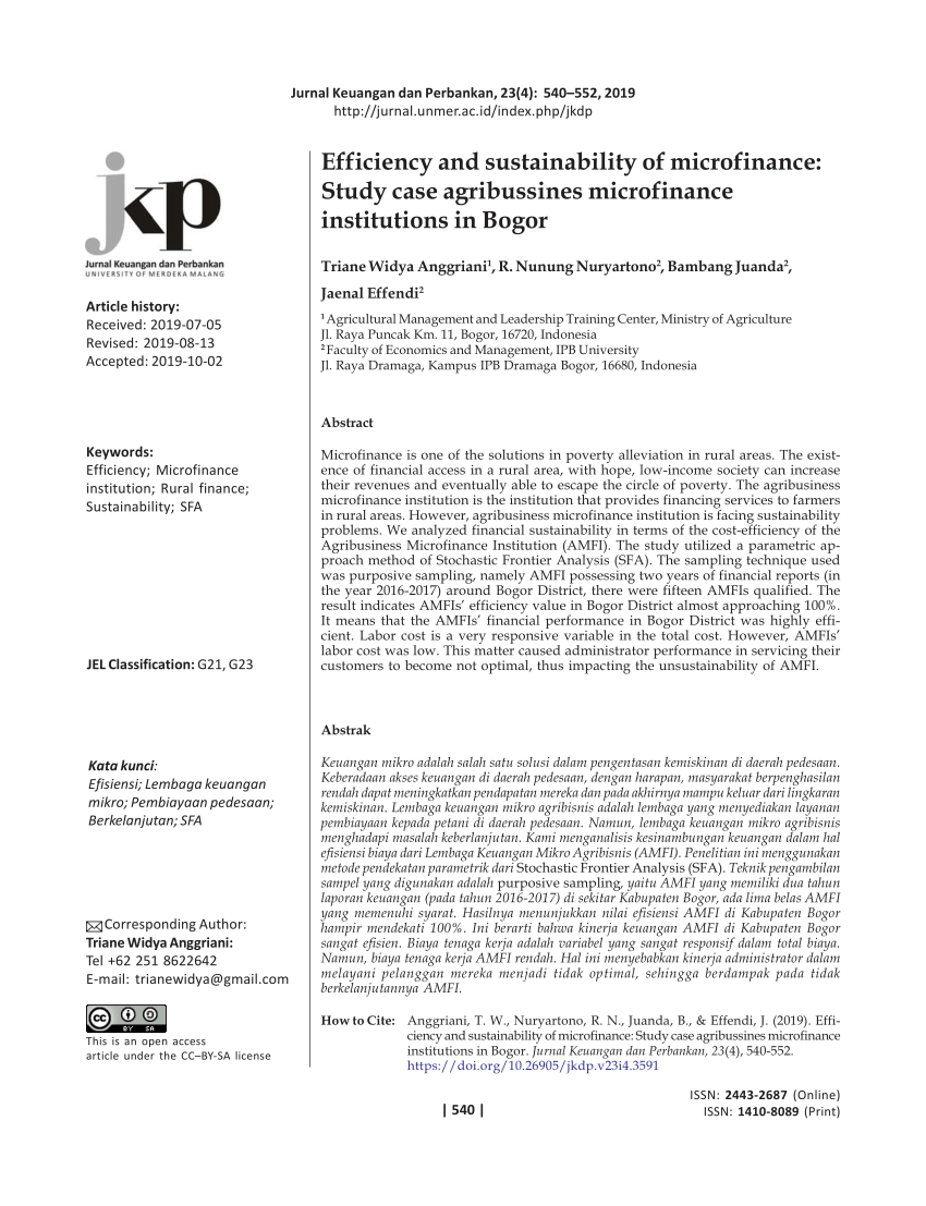 Pdf Efficiency And Sustainability Of Microfinance Study Case Agribussines Microfinance Institutions In Bogor