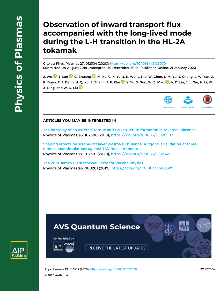 Pdf Observation Of Inward Transport Flux Accompanied With The Long Lived Mode During The L H Transition In The Hl 2a Tokamak