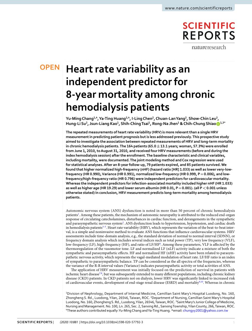 Pdf Heart Rate Variability As An Independent Predictor For 8 Year Mortality Among Chronic Hemodialysis Patients
