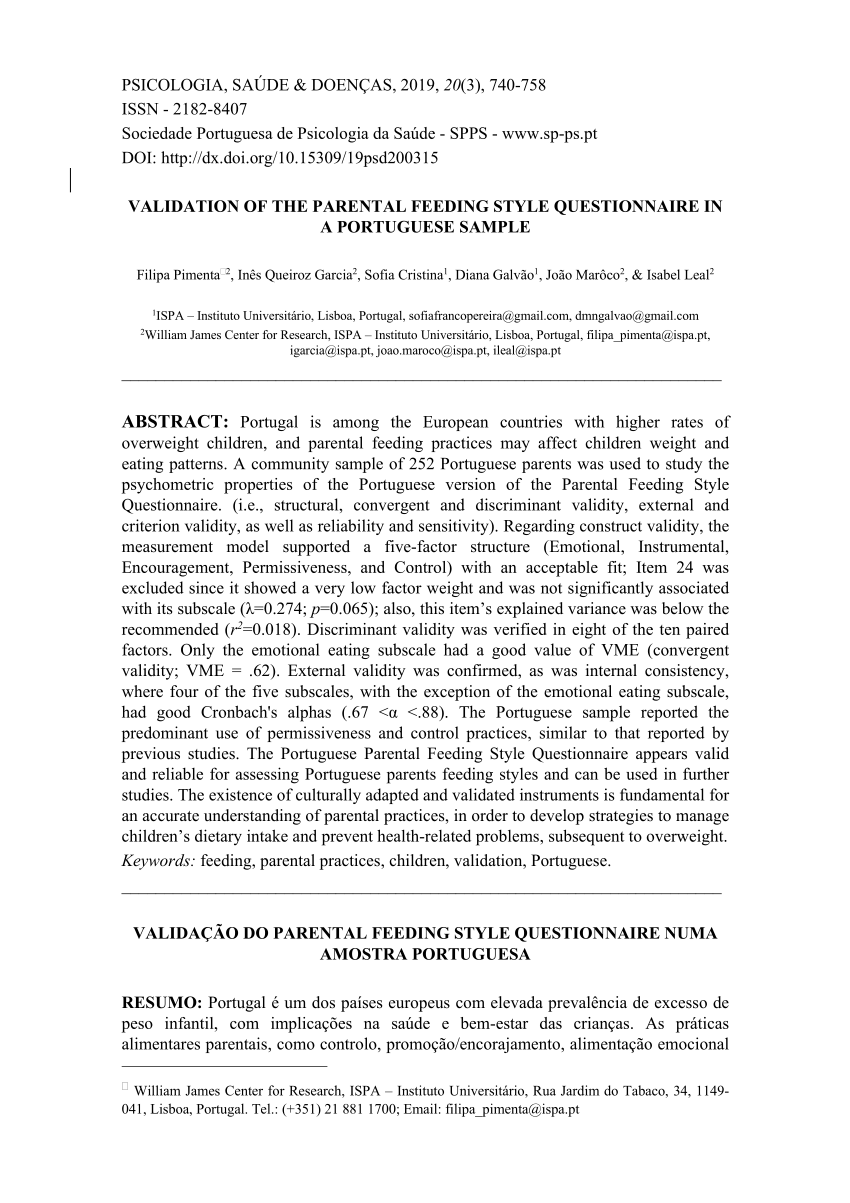 Pdf Validation Of The Parental Feeding Style Questionnaire In A Portuguese Sample