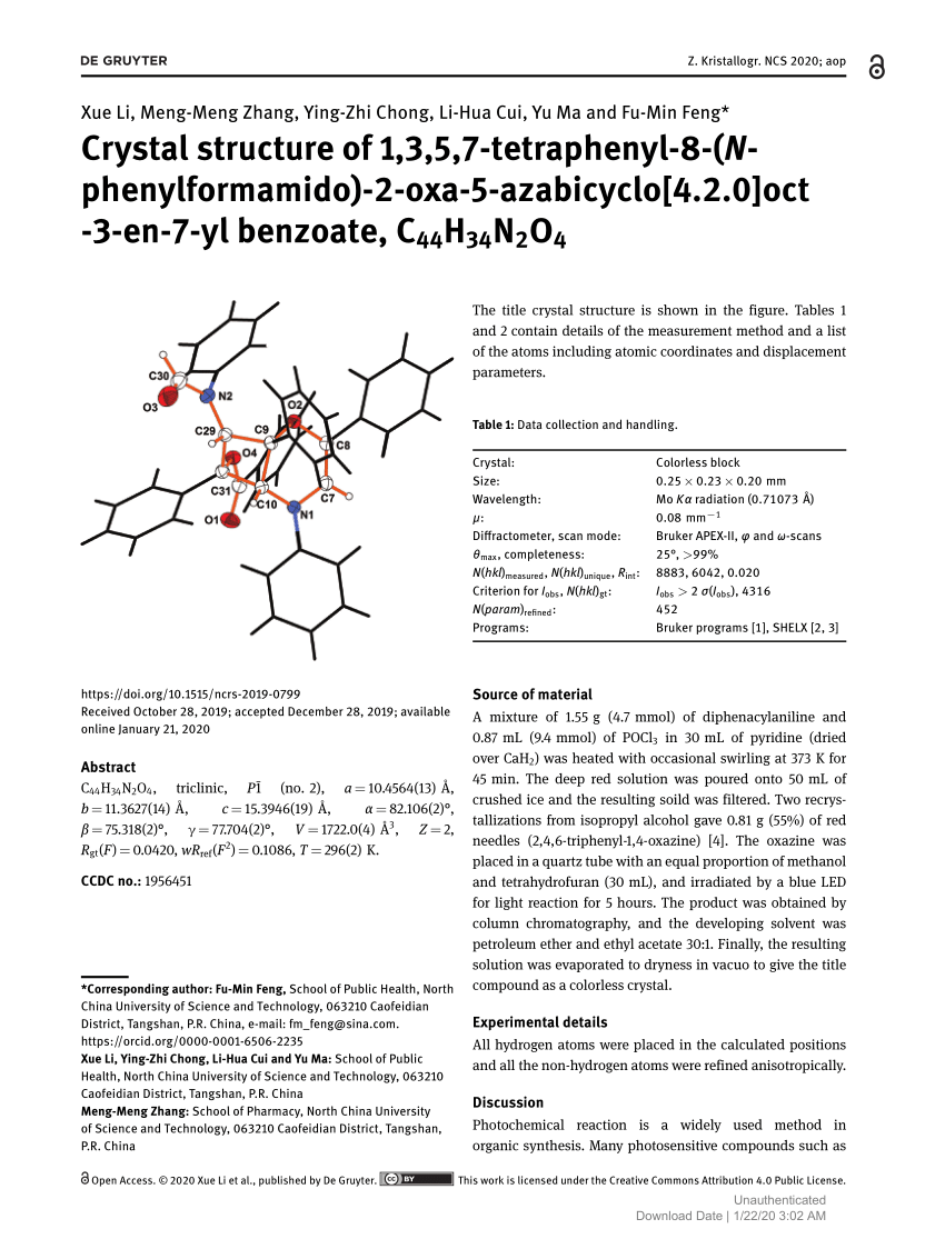 Pdf Crystal Structure Of 1 3 5 7 Tetraphenyl 8 N Phenylformamido 2 Oxa 5 Azabicyclo 4 2 0 Oct 3 En 7 Yl Benzoate C44h34n2o4