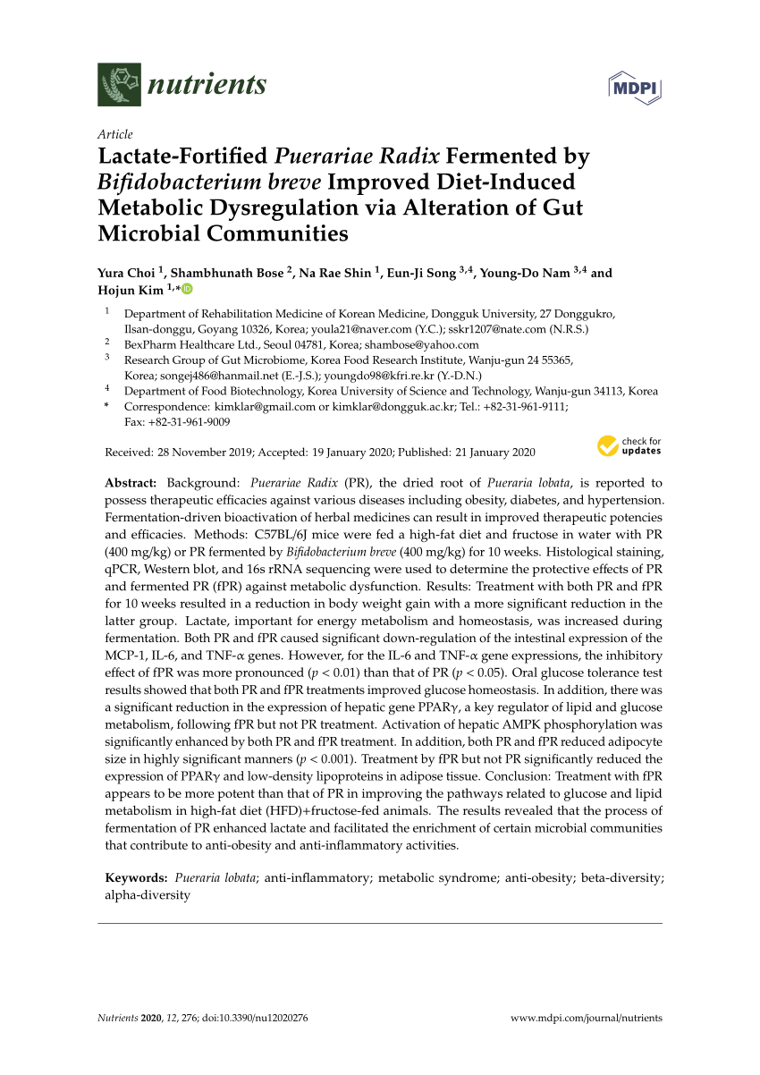 Pdf Lactate Fortified Puerariae Radix Fermented By Bifidobacterium Breve Improved Diet Induced Metabolic Dysregulation Via Alteration Of Gut Microbial Communities