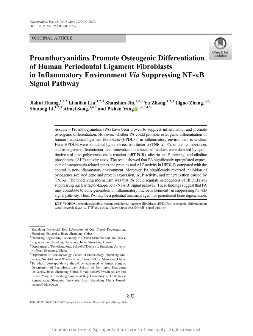 Proanthocyanidins Promote Osteogenic Differentiation of Periodontal Ligament Fibroblasts Inflammatory Environment Via Suppressing NF-κB Signal Pathway | Request PDF