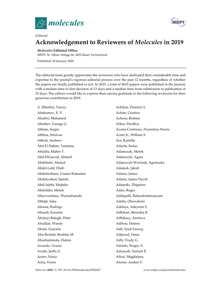 PDF) Acknowledgment to Reviewers of Molecules in 2021