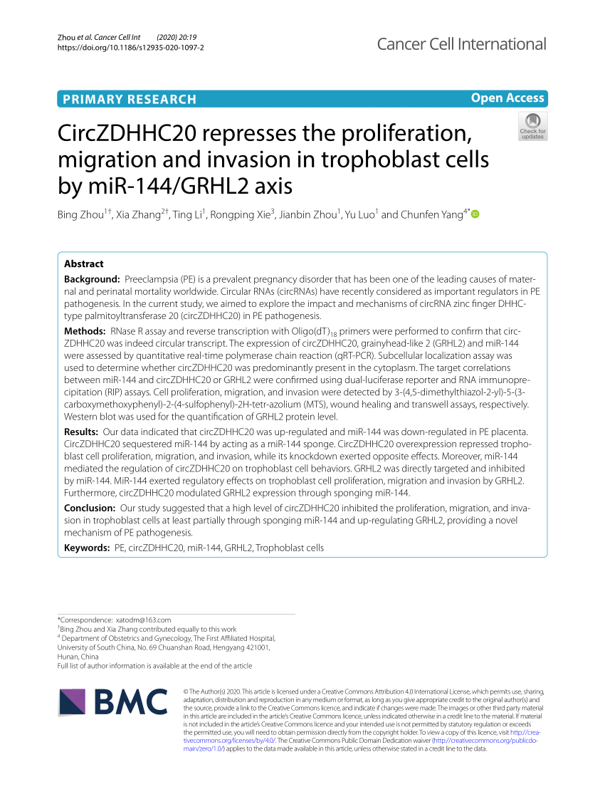 Pdf Circzdhhc20 Represses The Proliferation Migration And Invasion In Trophoblast Cells By