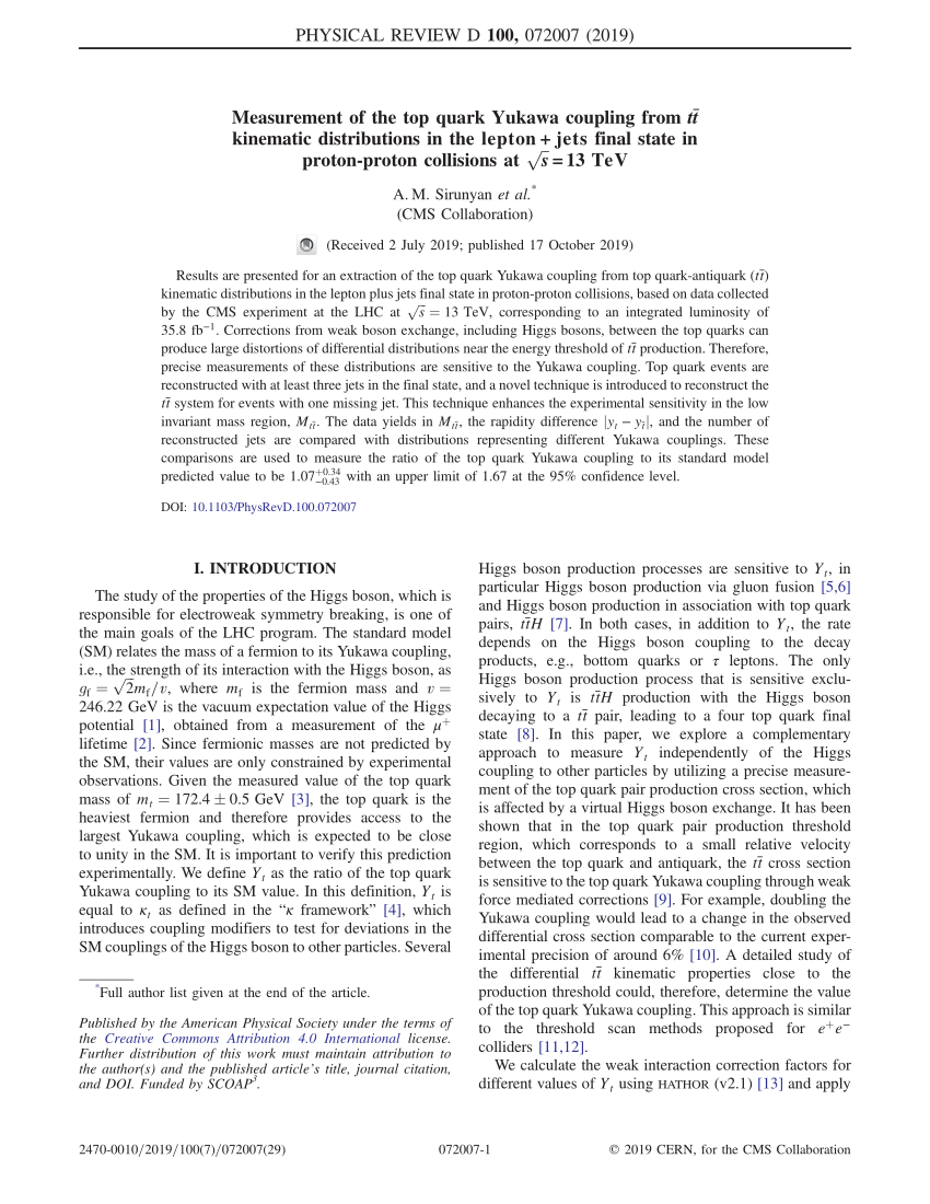 PDF Measurement of the top quark Yukawa coupling from t t over  