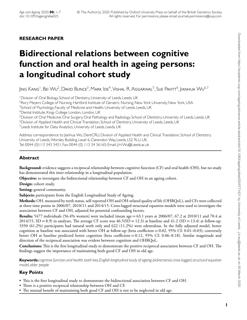 Pdf Bidirectional Relations Between Cognitive Function And Oral Health In Ageing Persons A Longitudinal Cohort Study