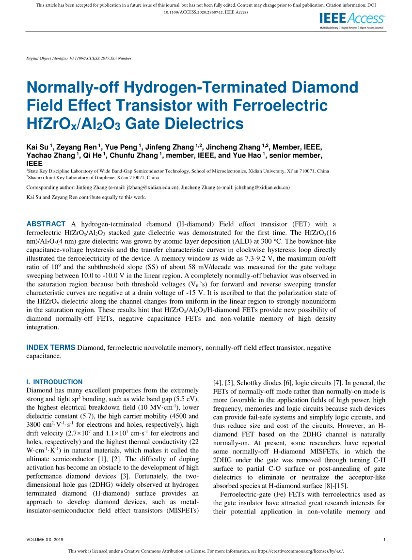 Pdf Normally Off Hydrogen Terminated Diamond Field Effect Transistor With Ferroelectric Hfzrox Al2o3 Gate Dielectrics