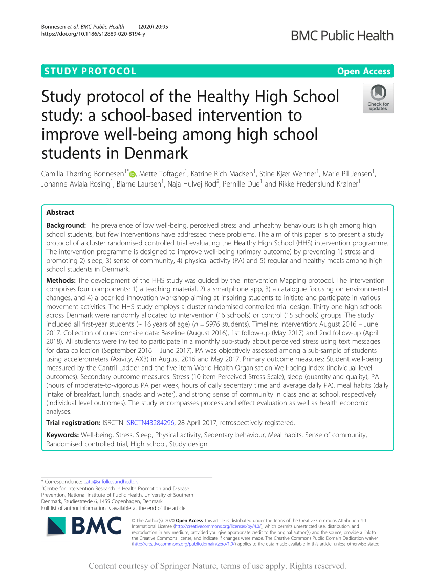 PDF) Study protocol of the Healthy High a school-based intervention to improve well-being among high school students in Denmark
