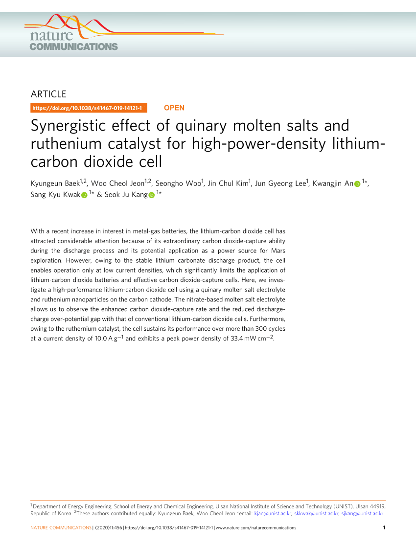 Pdf Synergistic Effect Of Quinary Molten Salts And Ruthenium Catalyst For High Power Density Lithium Carbon Dioxide Cell