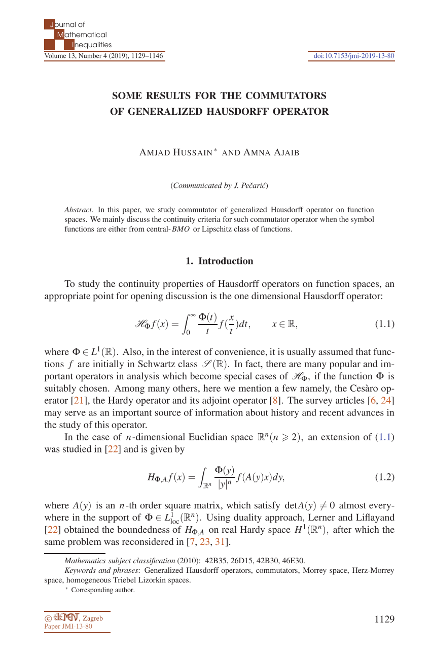 Pdf Some Results For The Commutators Of Generalized Hausdorff Operator