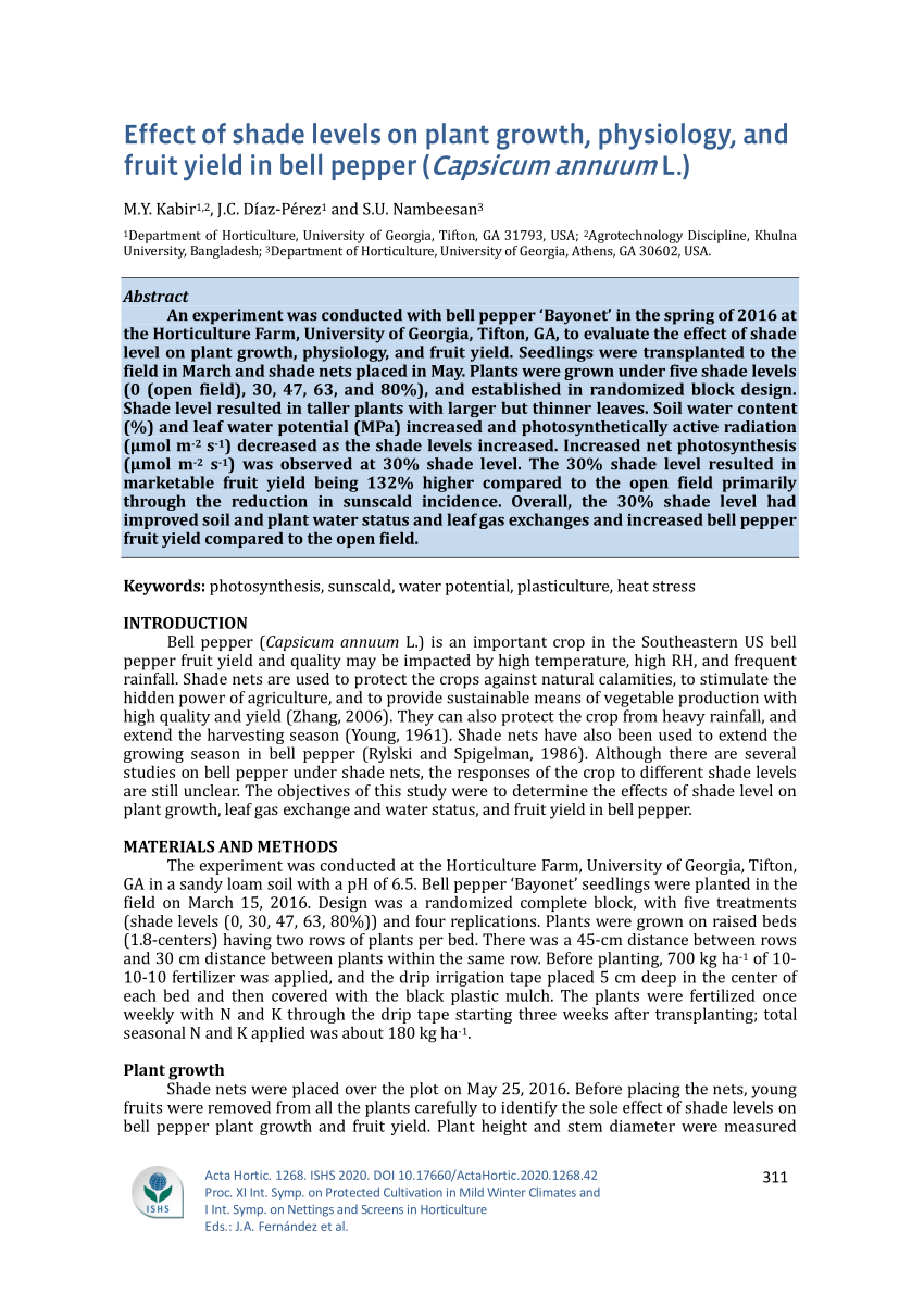 Pdf Effect Of Shade Levels On Plant Growth Physiology And Fruit Yield In Bell Pepper Capsicum Annuum L