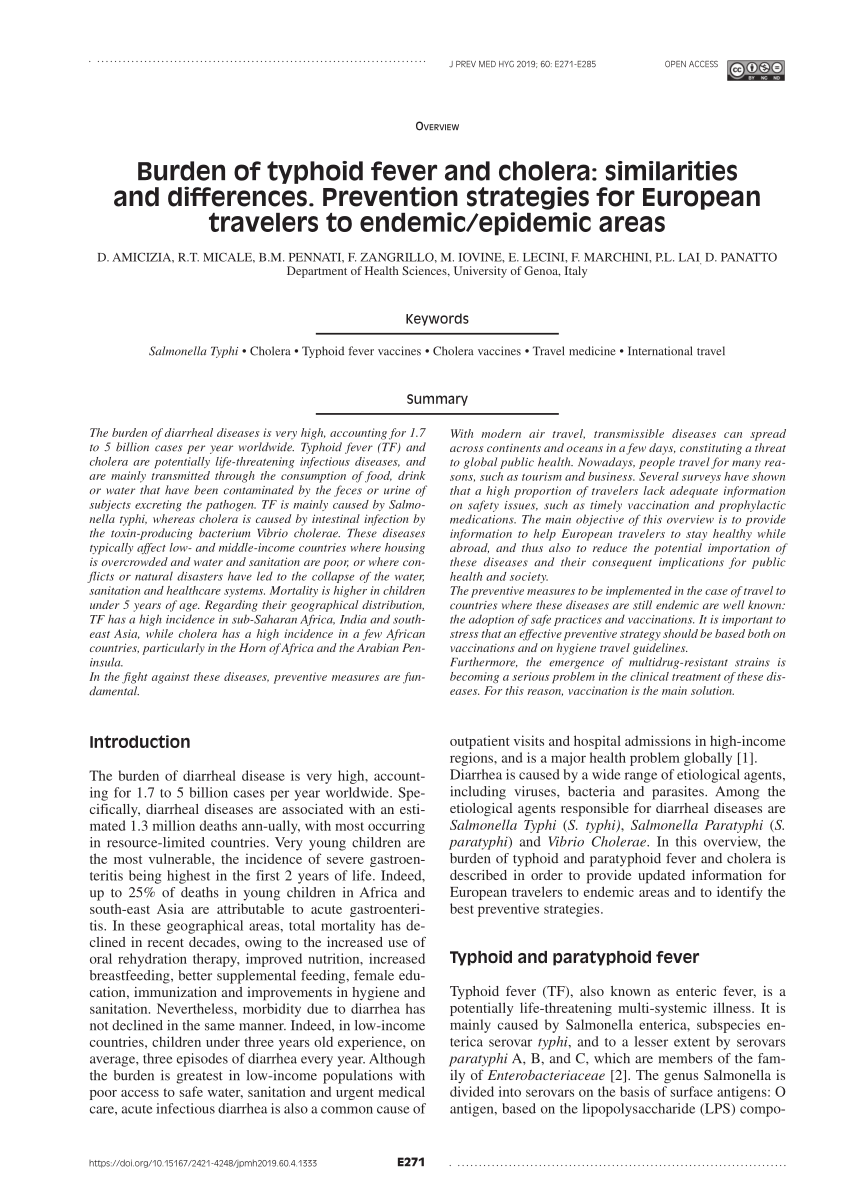 Pdf Burden Of Typhoid Fever And Cholera Similarities And Differences Prevention Strategies For European Travelers To Endemic Epidemic Areas
