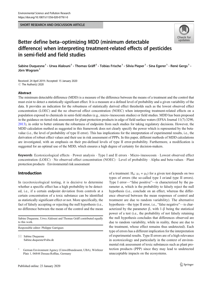 Pdf Better Define Beta Optimizing Mdd Minimum Detectable Difference When Interpreting Treatment Related Effects Of Pesticides In Semi Field And Field Studies