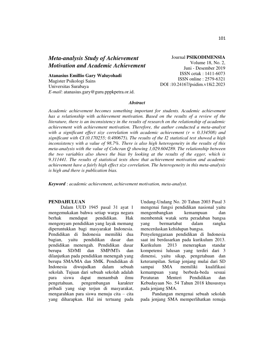 Pdf Meta Analysis Study Of Achievement Motivation And Academic Achievement