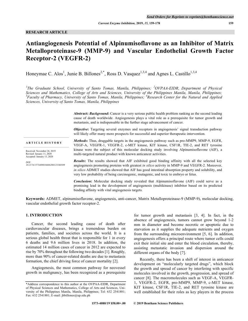 Pdf Antiangiogenesis Potential Of Alpinumisoflavone As Inhibitor Of Vascular Endothelial Growth Factor 2 Vegfr 2 And Matrix Metalloproteinase 9 Mmp 9