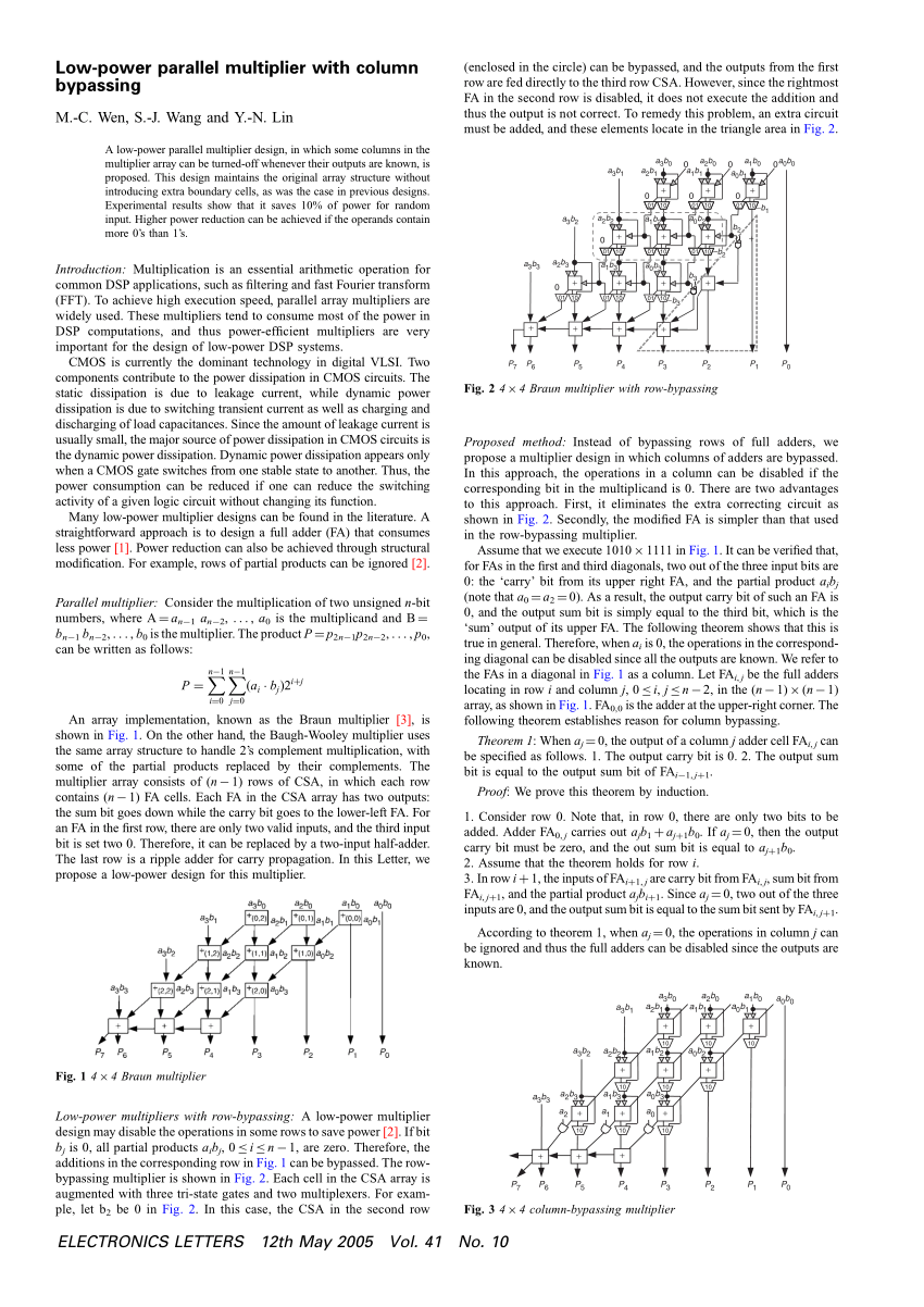 Pdf Low Power Parallel Multiplier With Column Bypassing