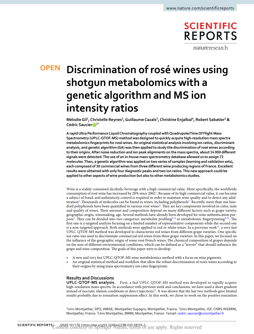 pdf discrimination of rose wines using shotgun metabolomics with a genetic algorithm and ms ion intensity ratios