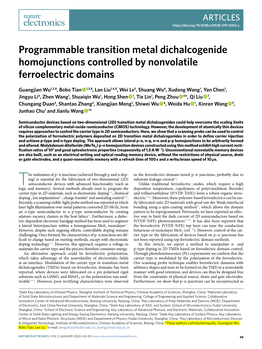 PDF) Programmable transition metal dichalcogenide homojunctions controlled  by nonvolatile ferroelectric domains