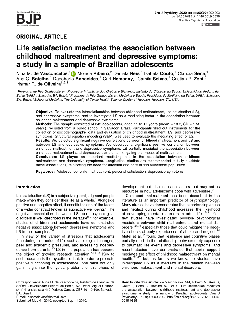 PDF) Life satisfaction mediates the association between childhood  maltreatment and depressive symptoms: a study in a sample of Brazilian  adolescents