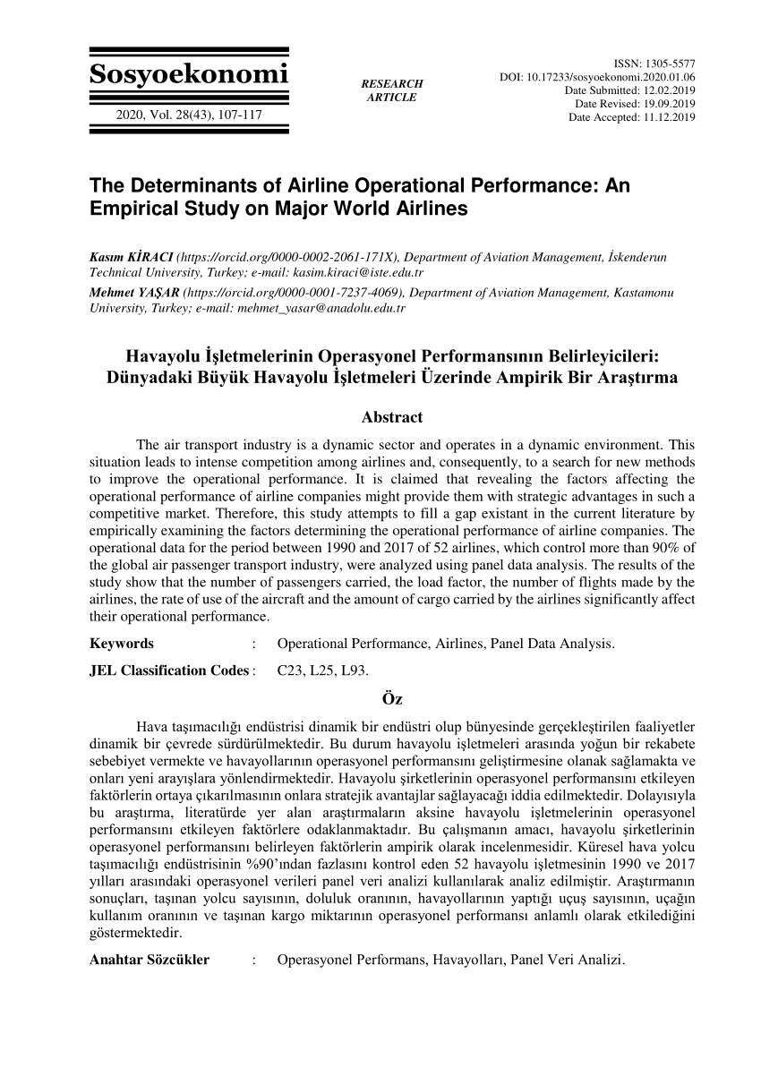 pdf the determinants of airline operational performance an empirical study on major world airlines