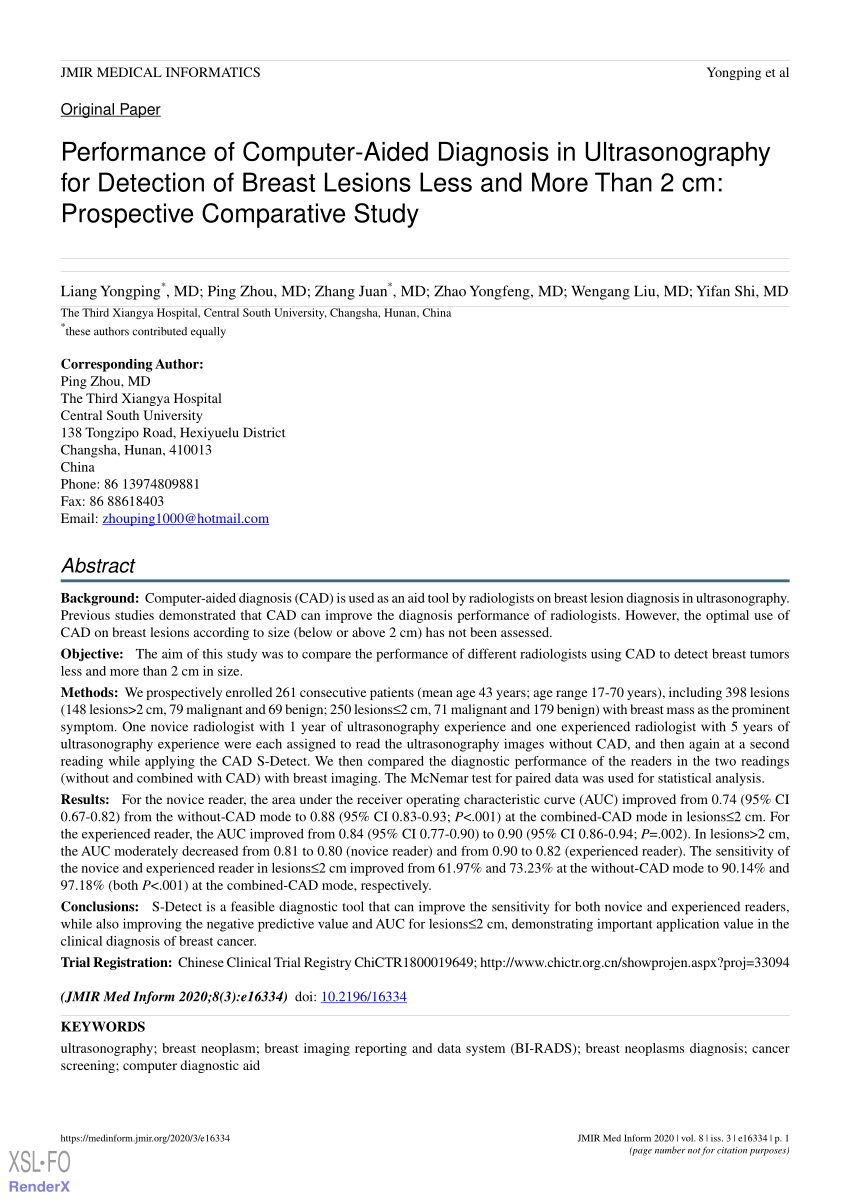 Pdf Diagnosis Performance Of Computer Aided Detection On Breast Lesions Less And More Than 2cm 2074